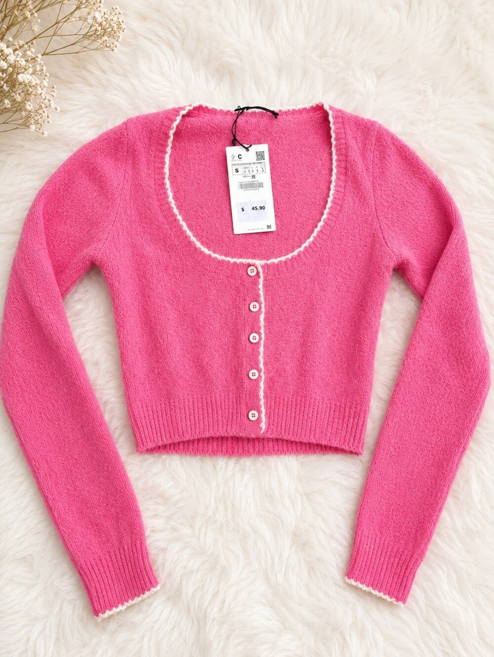 NWT ZARA Pink Cropped Scoop-Neck Button Up Knit Cardigan Contrast Trim Large